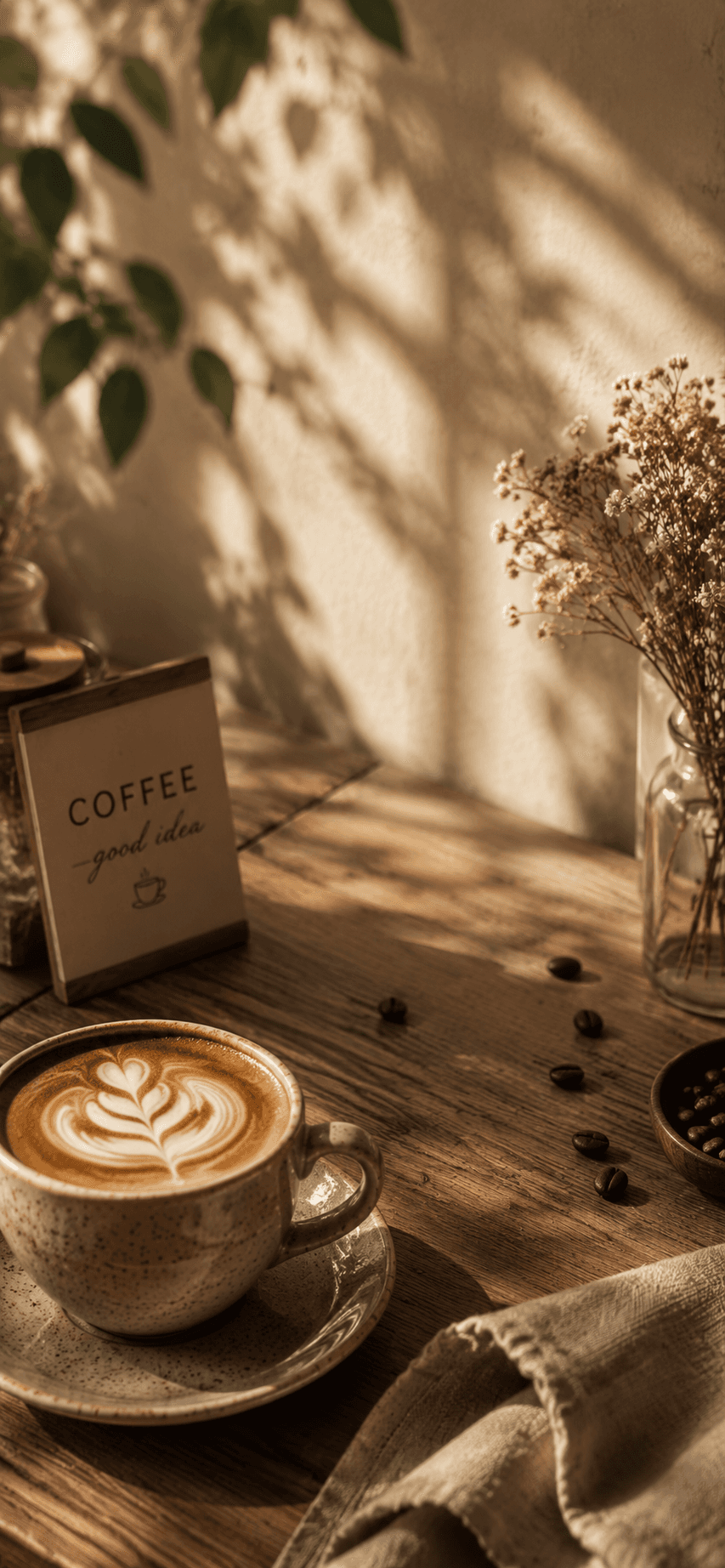 A warmly lit cafe table with a latte, coffee beans, and botanical shadows