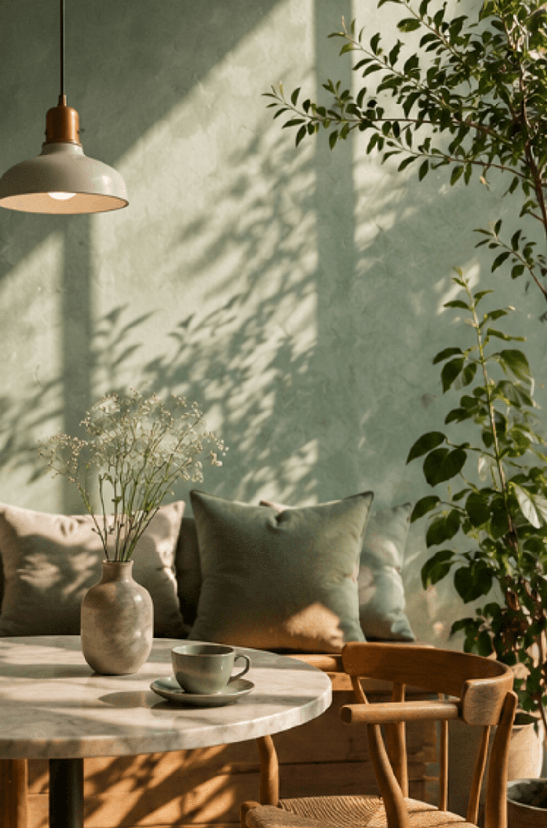 A plant-filled cafe with green walls, wooden tables, and soft daylight