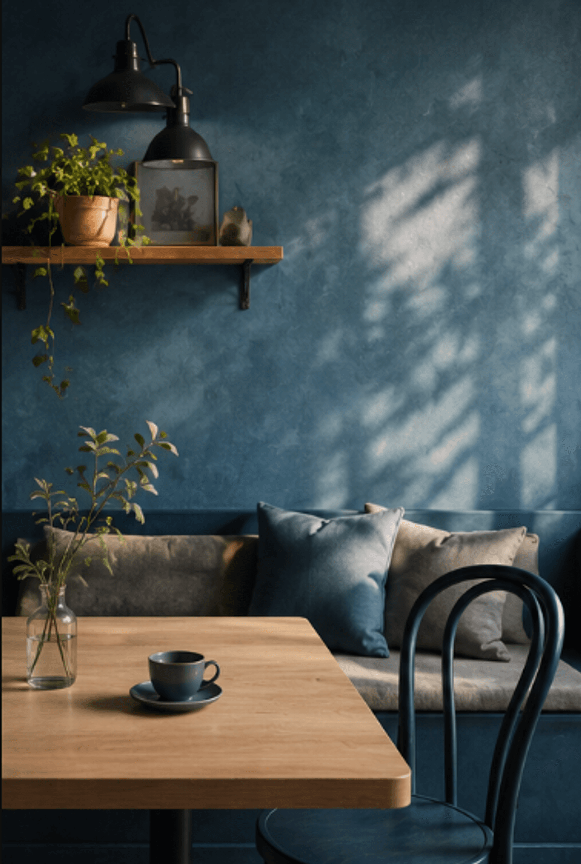 A modern blue cafe with pendant lighting, wooden tables, and a service counter