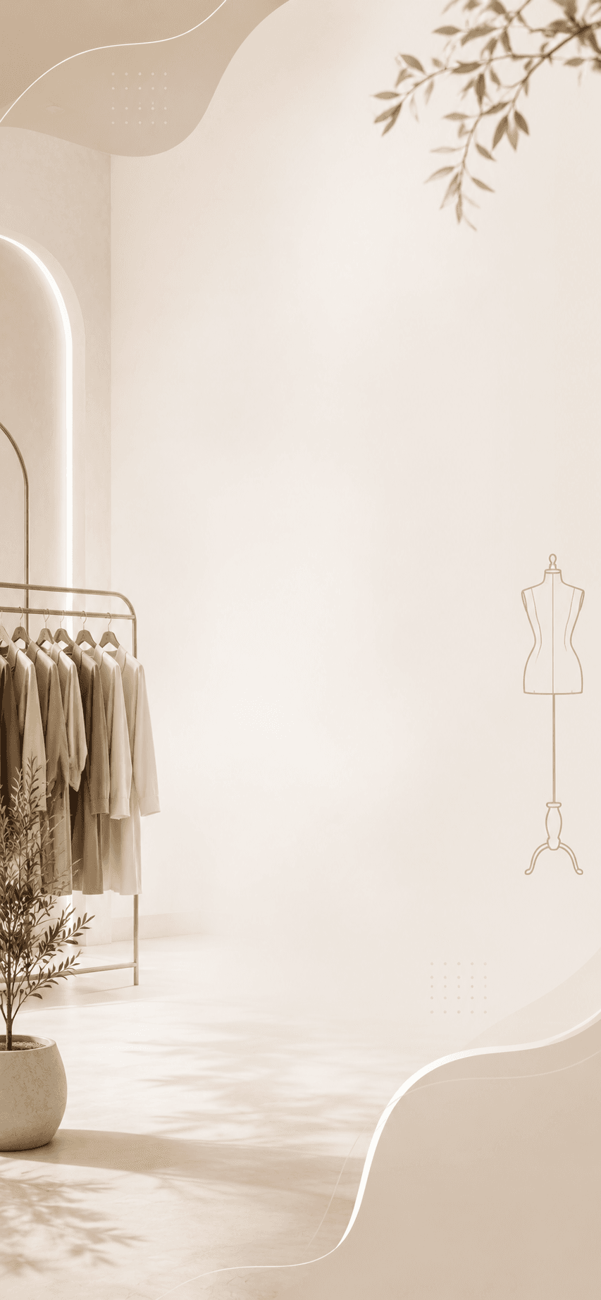 A warm neutral clothing showroom with a curated rail and soft architectural light