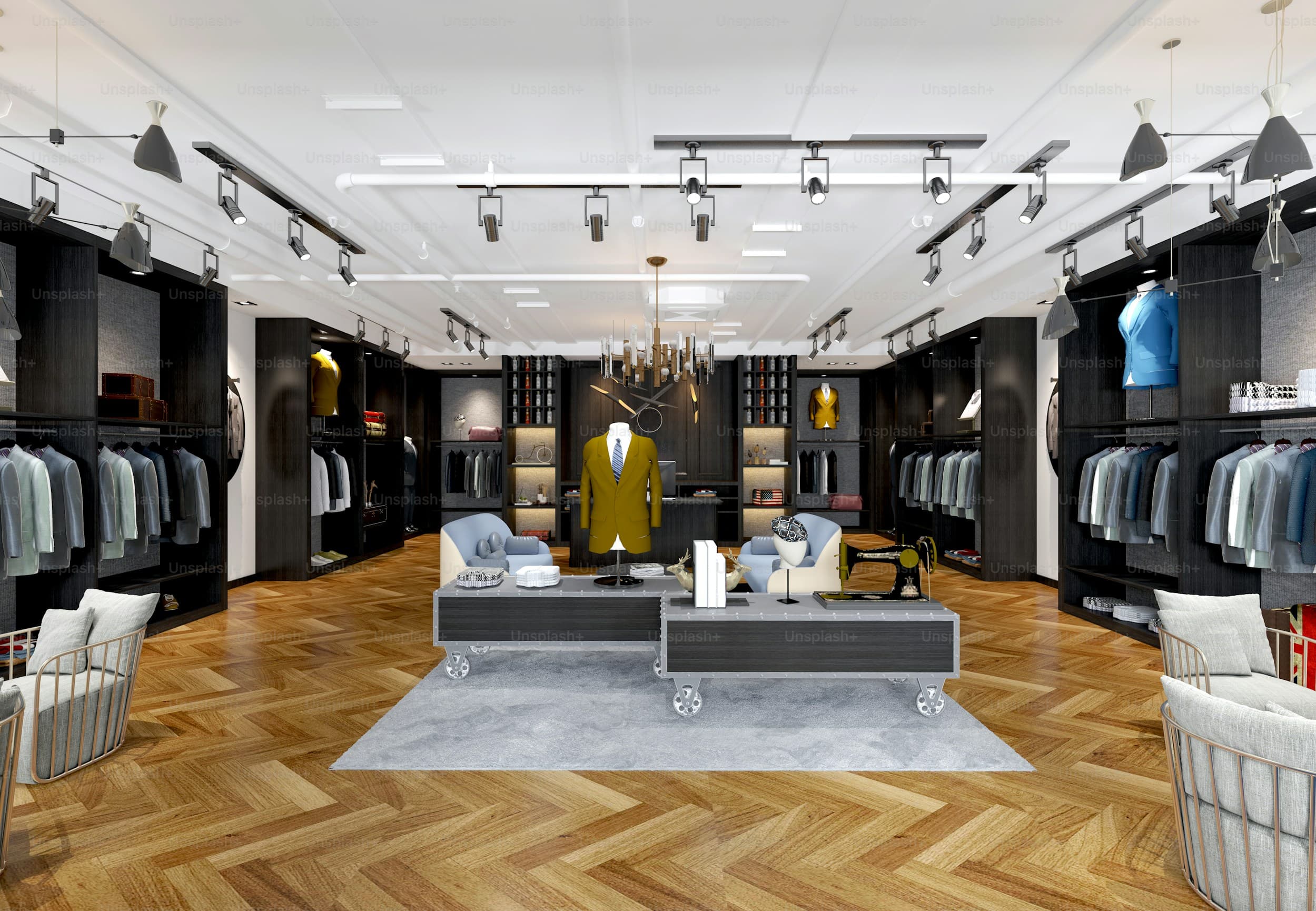 A bright modern clothing showroom with display rails and warm parquet flooring