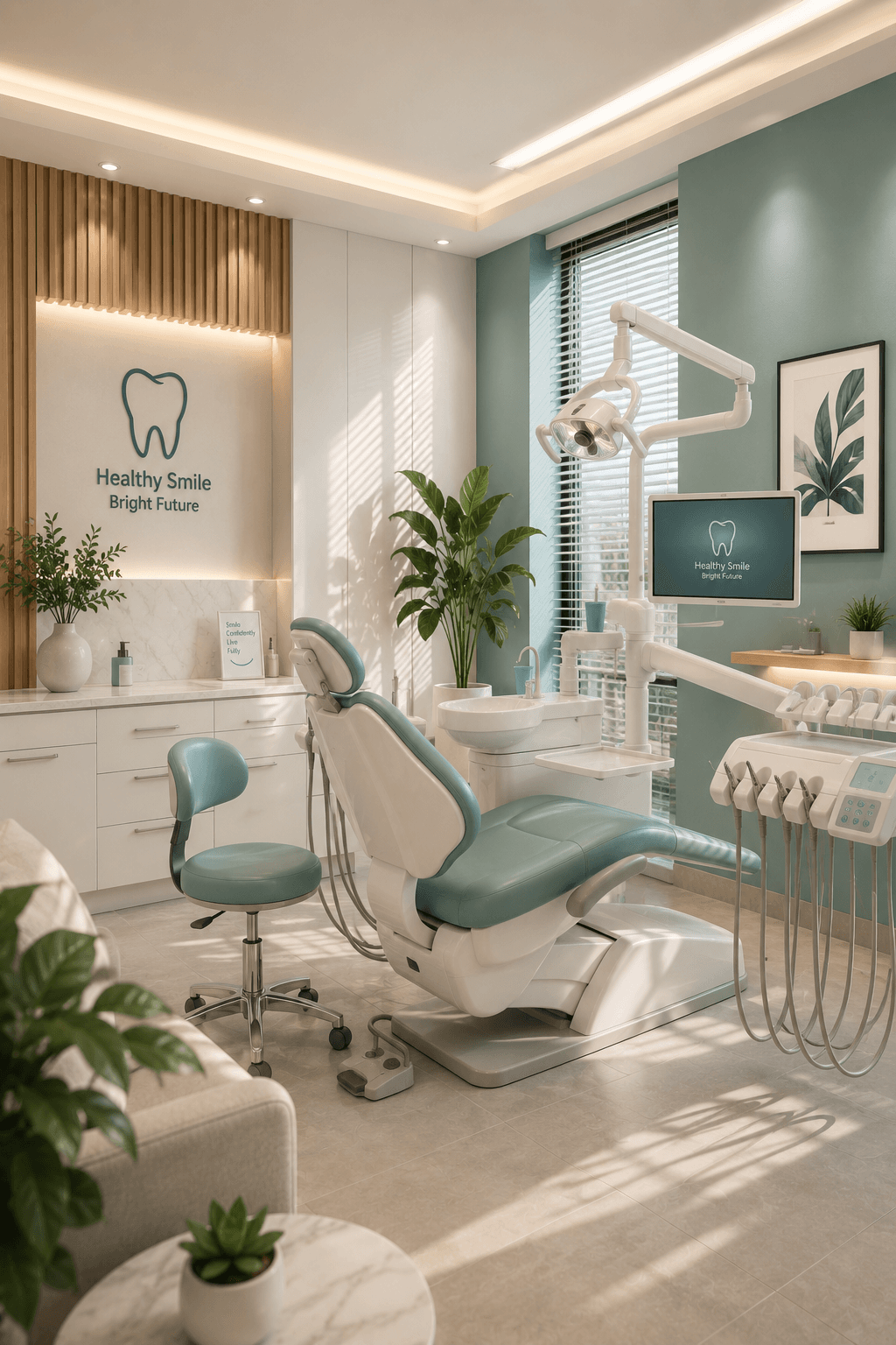 A modern sunlit dental clinic with a green treatment chair and fresh plants