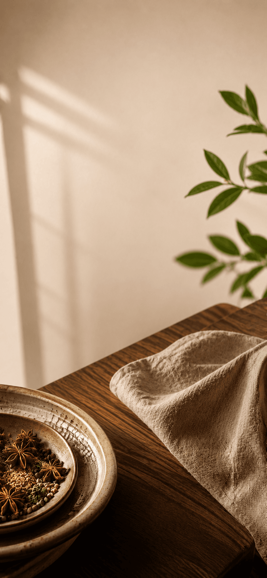A warmly lit restaurant table with a latte, coffee beans, and botanical shadows