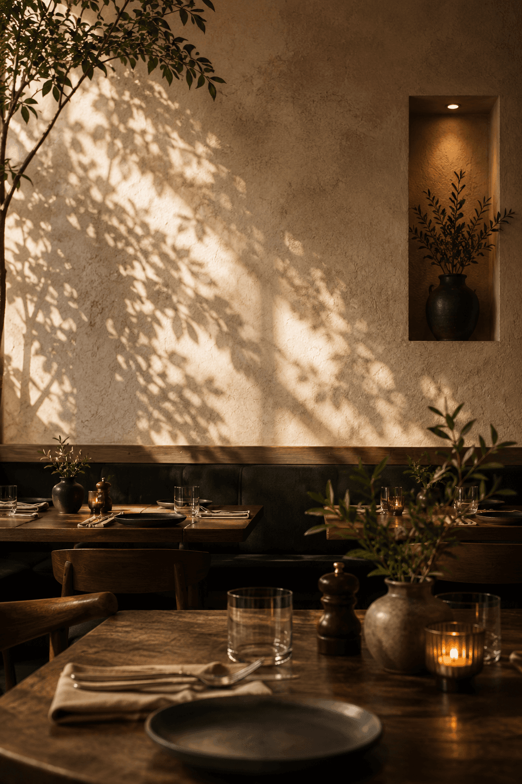 An intimate restaurant dining room with candlelit tables and warm evening light