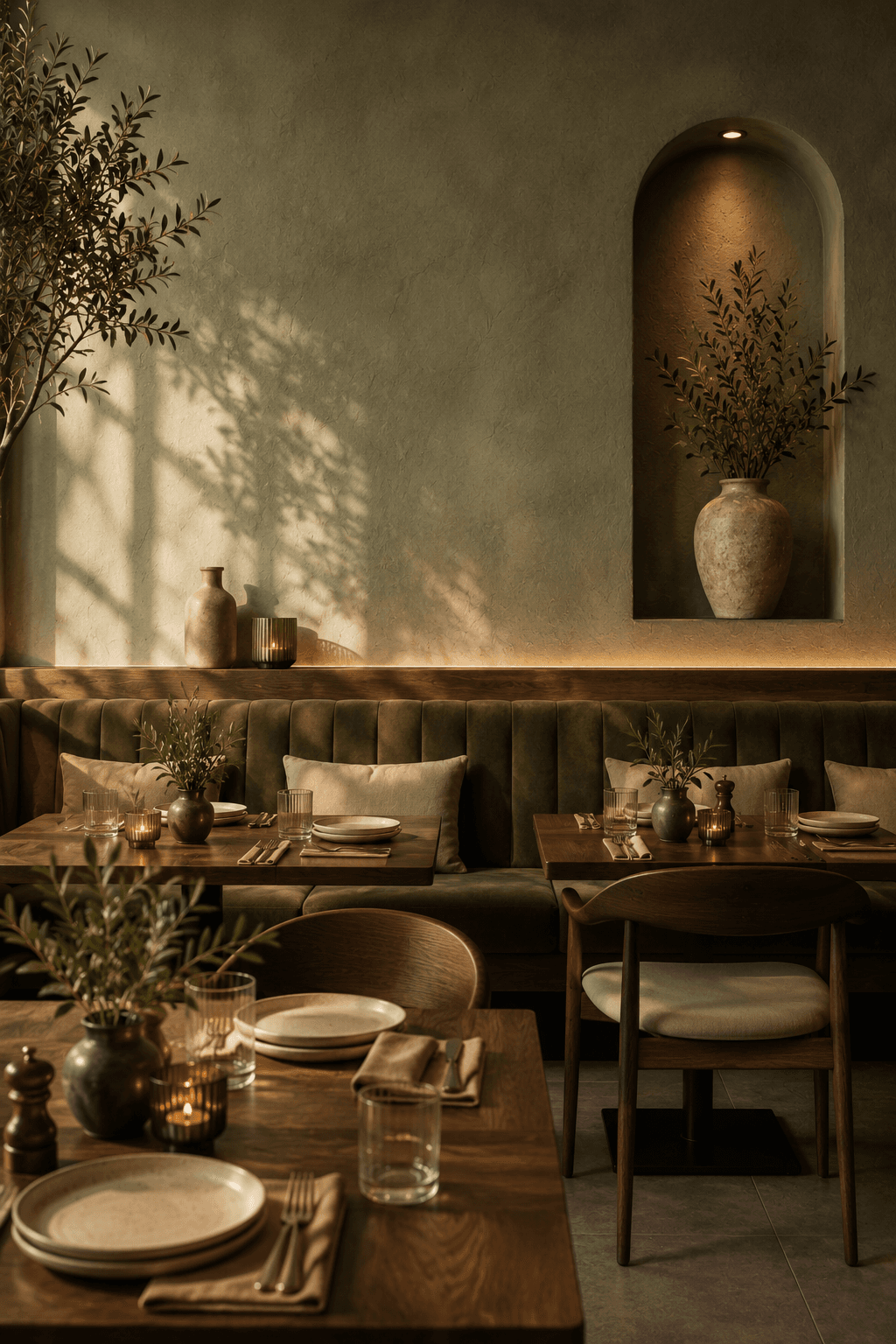 A bright restaurant dining room with olive accents, natural light, and refined table settings