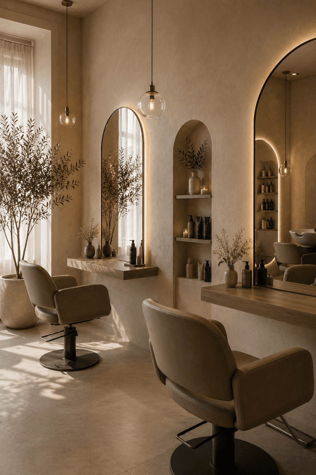 A warm modern salon with arched mirrors, pendant lights, and neutral styling chairs