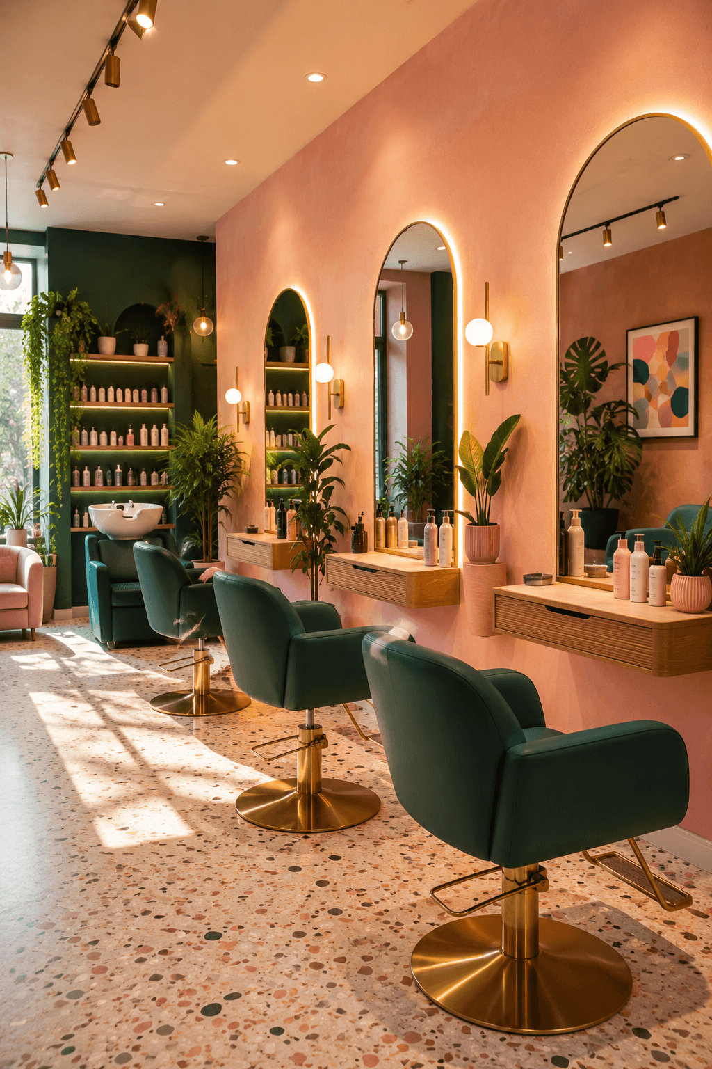A bright coral and green salon with illuminated mirrors and styling chairs