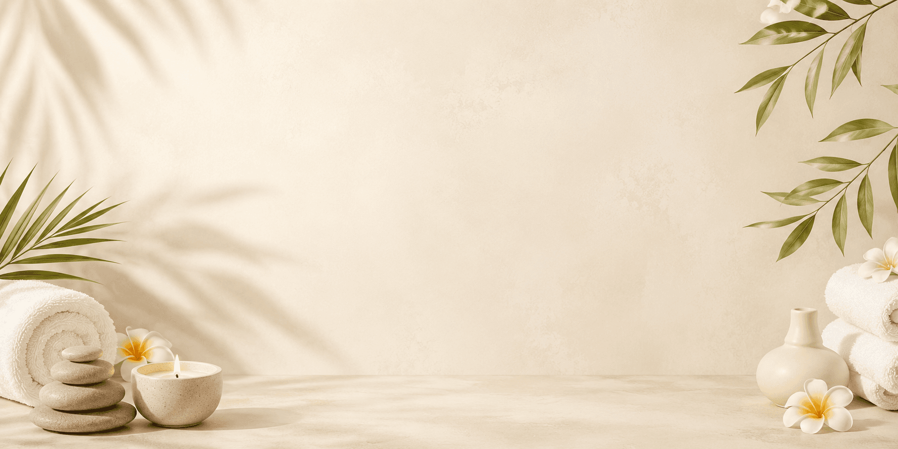 A serene cream spa scene with warm stones, a candle, towels, and botanical shadows