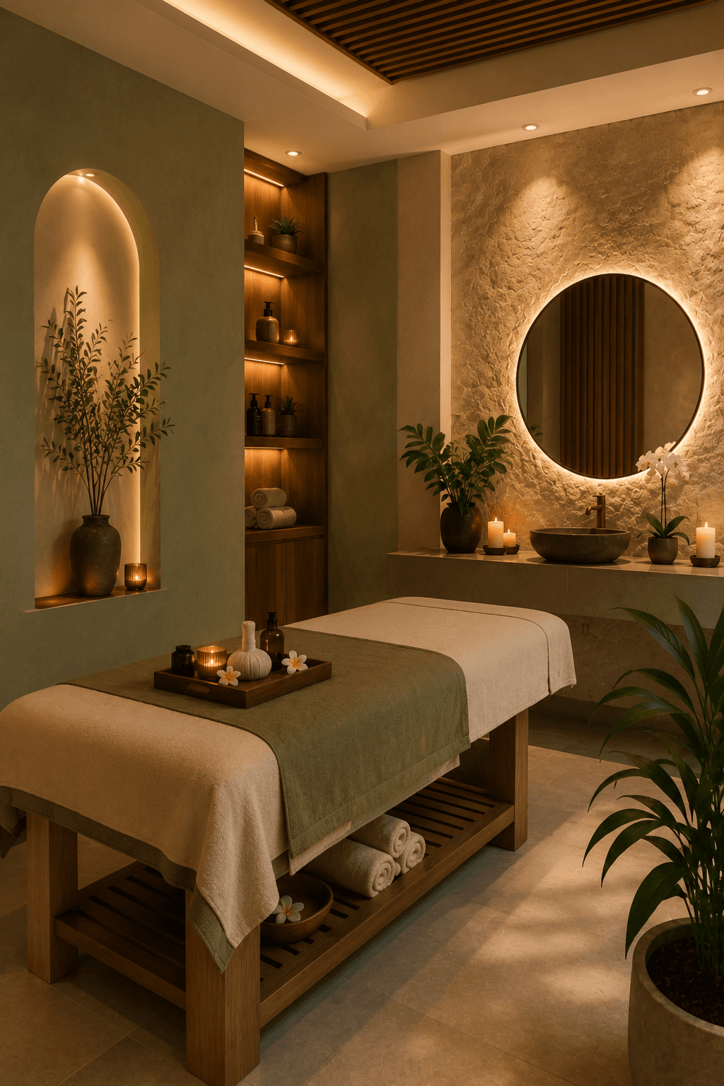 A warm contemporary spa treatment room with olive walls and soft architectural lighting