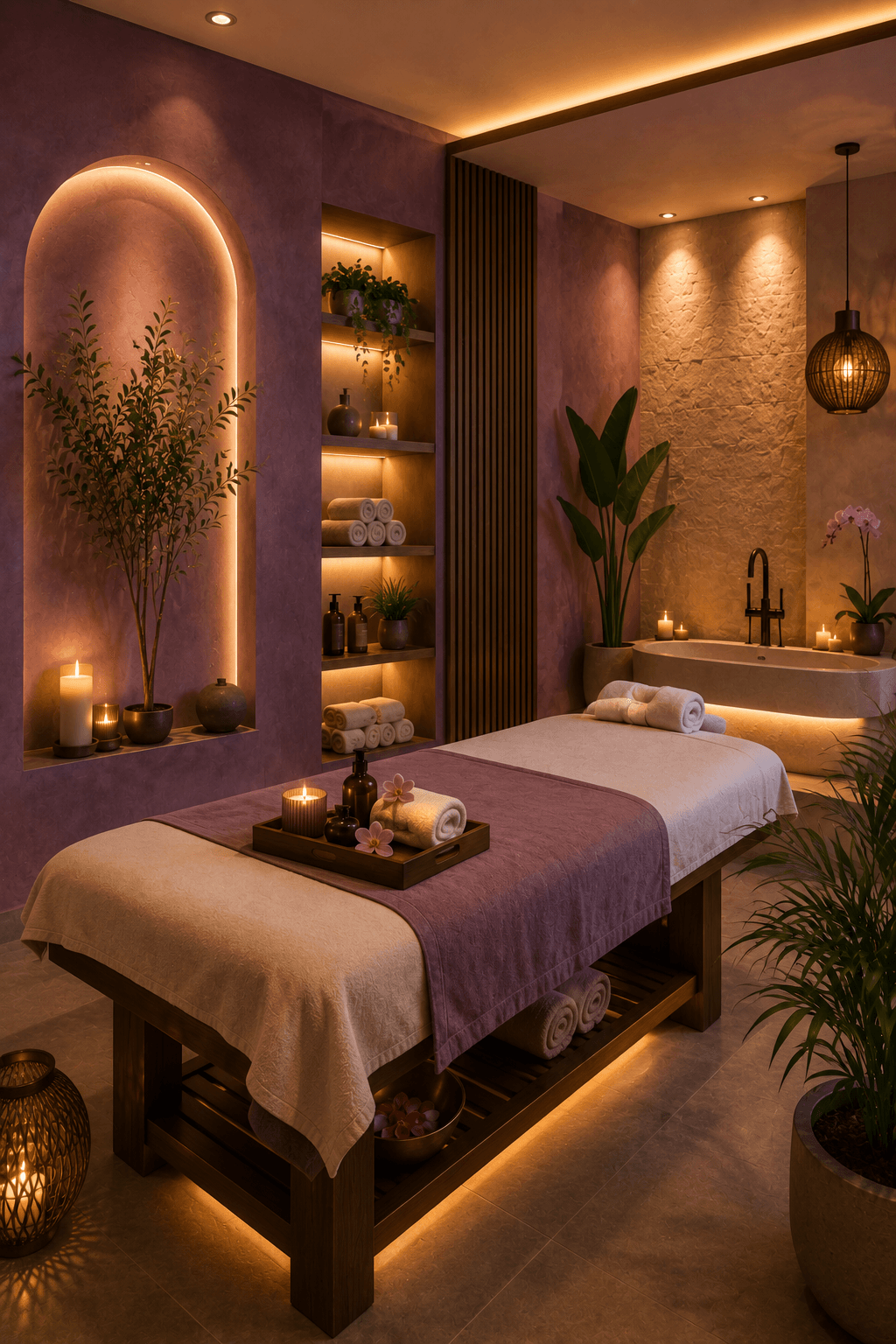A premium plum spa treatment room with warm amber lighting and a calm evening atmosphere