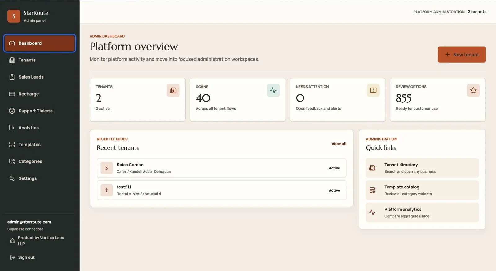 StarRoute Admin platform overview